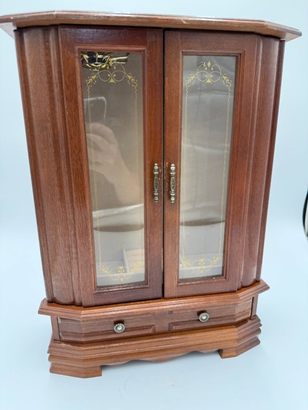 Vintage Wooden Jewelry Box Glass Doors Drawer 90's Storage Drawer